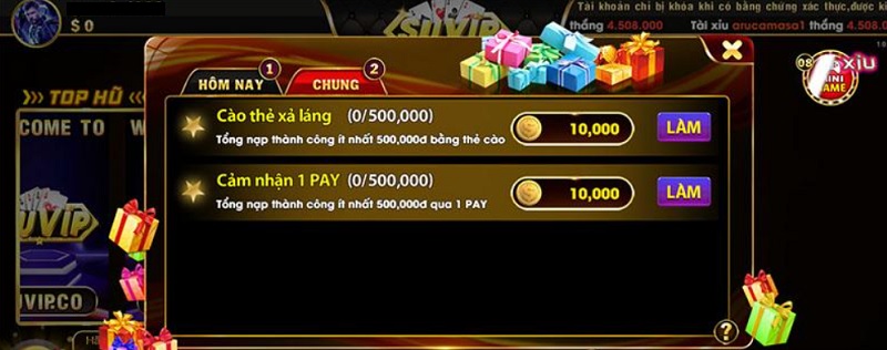 Làm nhiệm vụ nạp tiền tại Suvip rinh thưởng cực mê