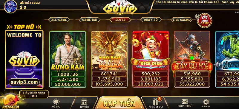 Sảnh game quay hũ siêu đỉnh chỉ có tại sân chơi Suvip