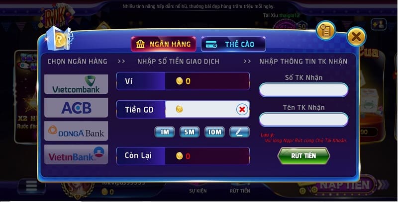 Thao tác rút tiền rikvip không làm khó hội viên